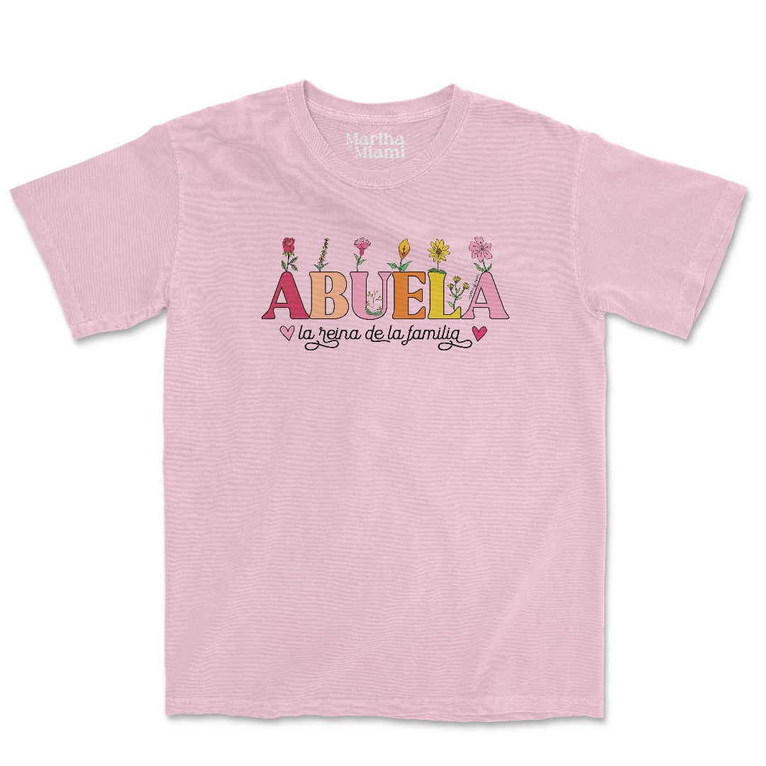 Abuela, La Reina De La Familia t-shirt with royal design on a pink unisex t-shirt
