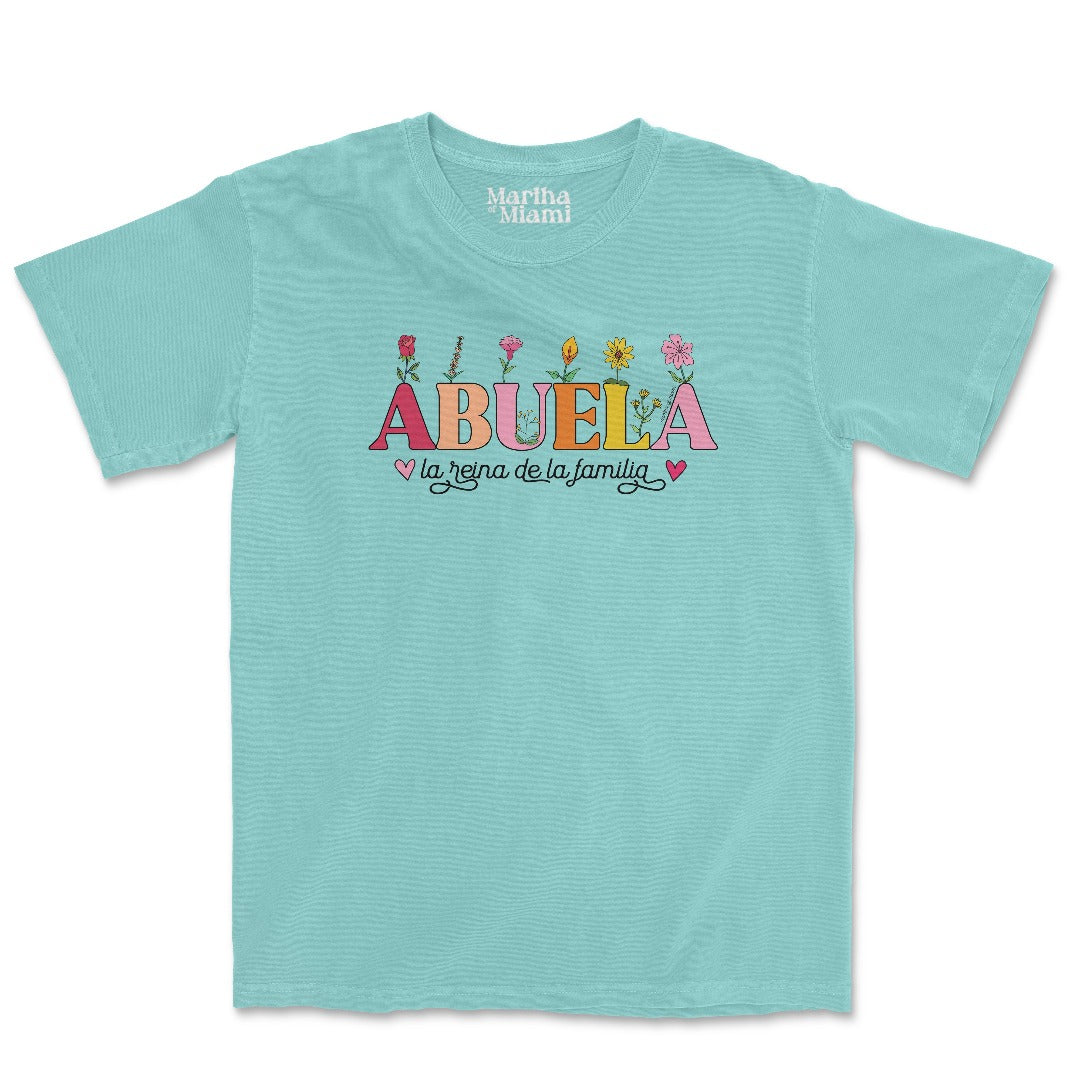 Abuela, La Reina De La Familia t-shirt with royal design on a blue unisex t-shirt