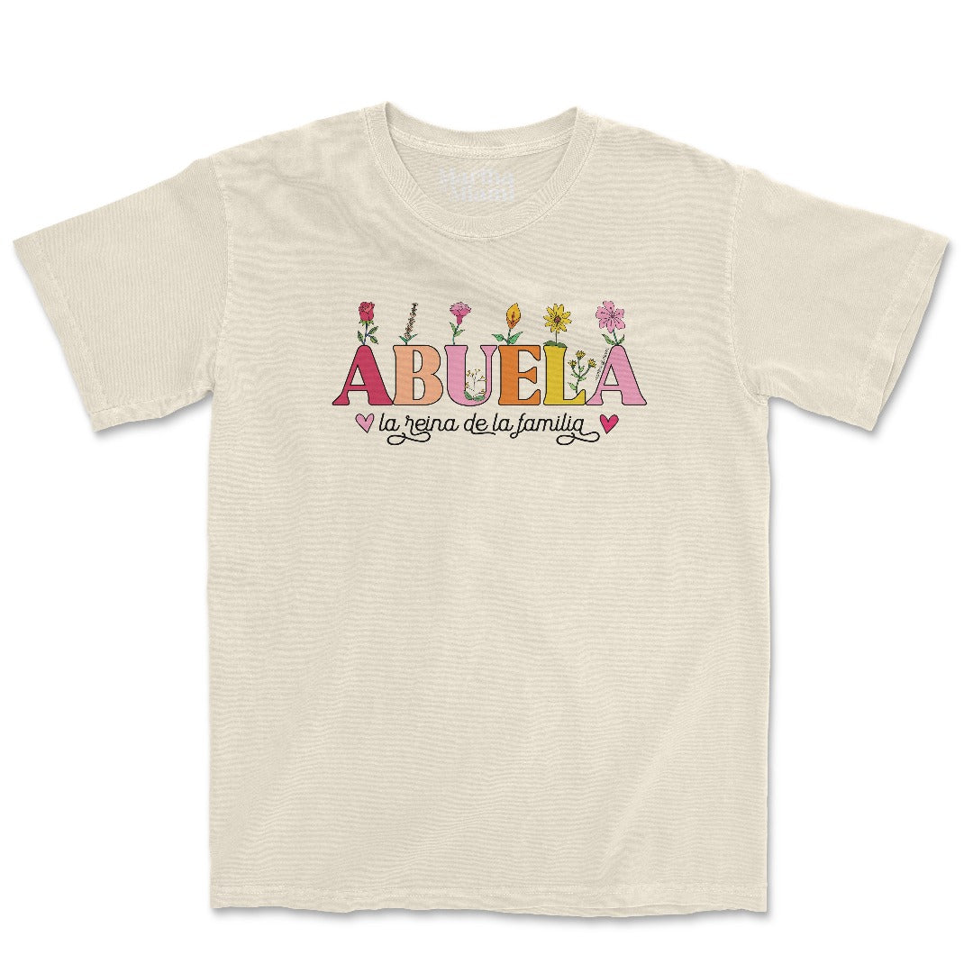 Abuela, La Reina De La Familia t-shirt with royal design on an ivory unisex t-shirt