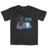 A black t-shirt from Martha of Miami featuring a humorous design. The graphic shows a moka coffee pot styled as a famous sci-fi character, with the phrase "I Am Your Father" in bold blue text next to it. Below the moka pot is a small Cuban coffee cup, implying a playful father-child relationship between the coffee pot and cup. The Martha of Miami logo is printed on the inside collar of the shirt.