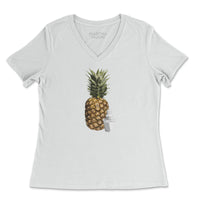 White t-shirt with a pineapple graphic on a white background