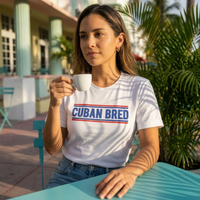 Cuban Bred™ t-shirt styled on Miami Beach, female model – Cuban American graphic tee, Miami gift by Martha of Miami