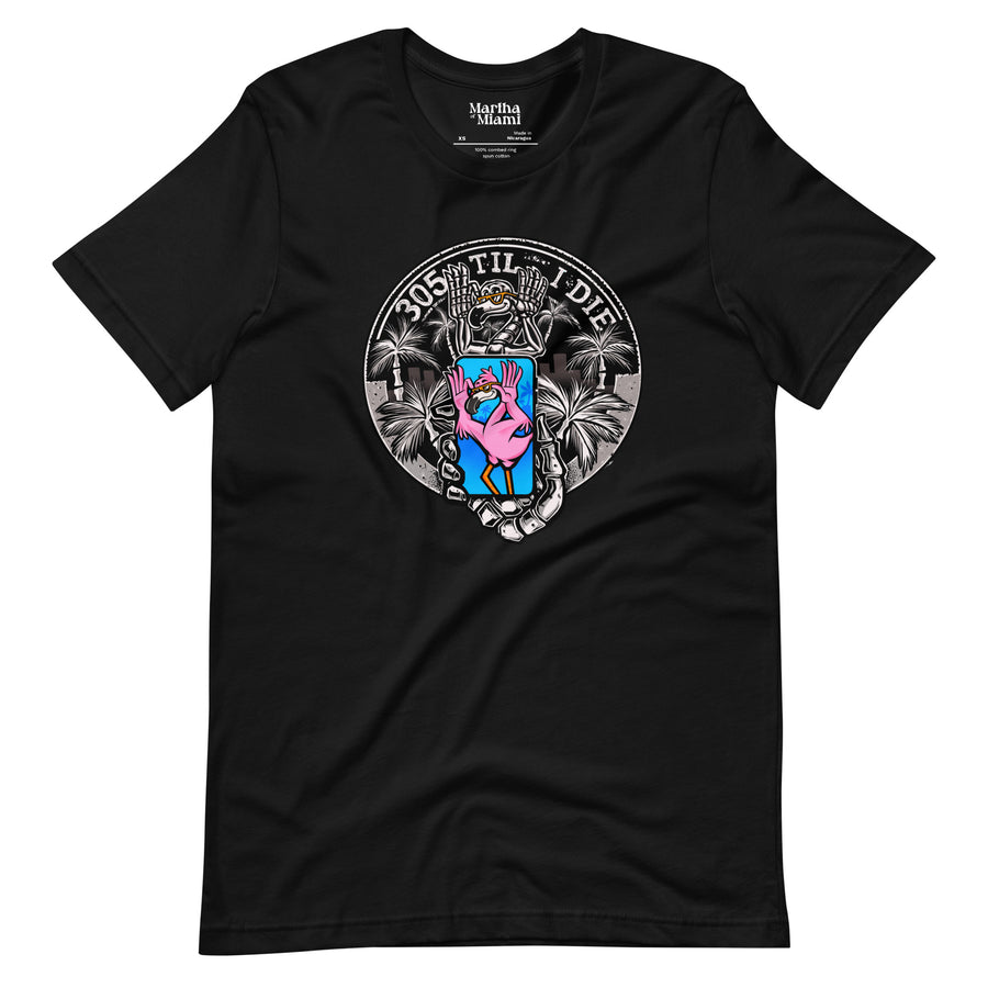 Black unisex t-shirt with '305 Til I Die' graphic, featuring a vibrant blue and pink heart with a crown, framed by white palm trees and a circular banner, representing Miami pride and culture. 305 Til I Die Miami T-shirt with palm tree design