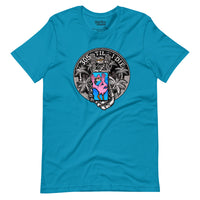 Aqua unisex t-shirt with '305 Til I Die' graphic, featuring a vibrant blue and pink heart with a crown, framed by white palm trees and a circular banner, representing Miami pride and culture