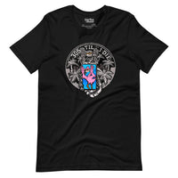 Black unisex t-shirt with '305 Til I Die' graphic, featuring a vibrant blue and pink heart with a crown, framed by white palm trees and a circular banner, representing Miami pride and culture