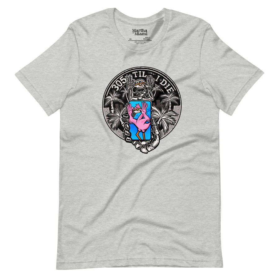 Grey unisex t-shirt with '305 Til I Die' graphic, featuring a vibrant blue and pink heart with a crown, framed by white palm trees and a circular banner, representing Miami pride and culture