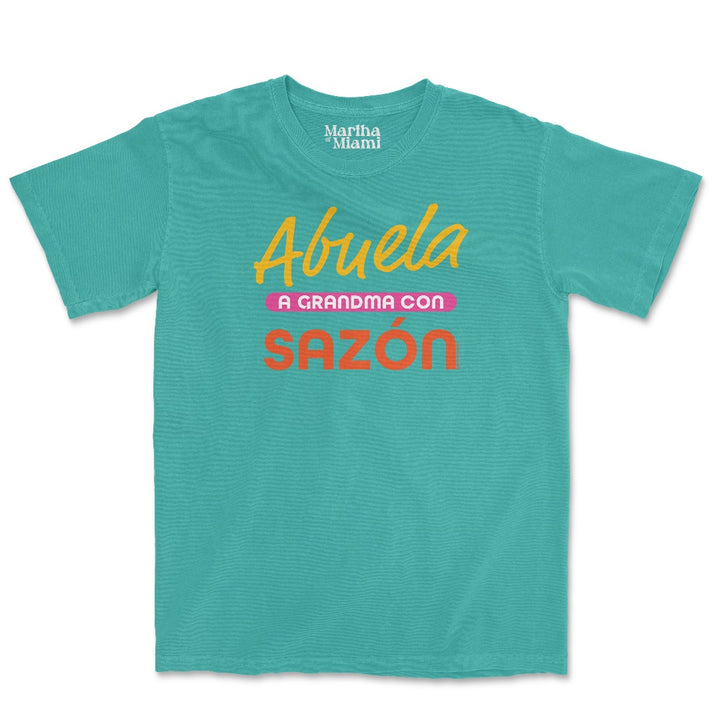 Abuela, a Grandma con Sazón t-shirt featuring Adobo seasoning design