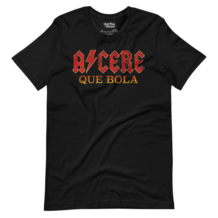 Acere Que Bola black unisex T-shirt with rock band-inspired red and yellow lettering, 100% combed cotton, side-seamed with shoulder taping