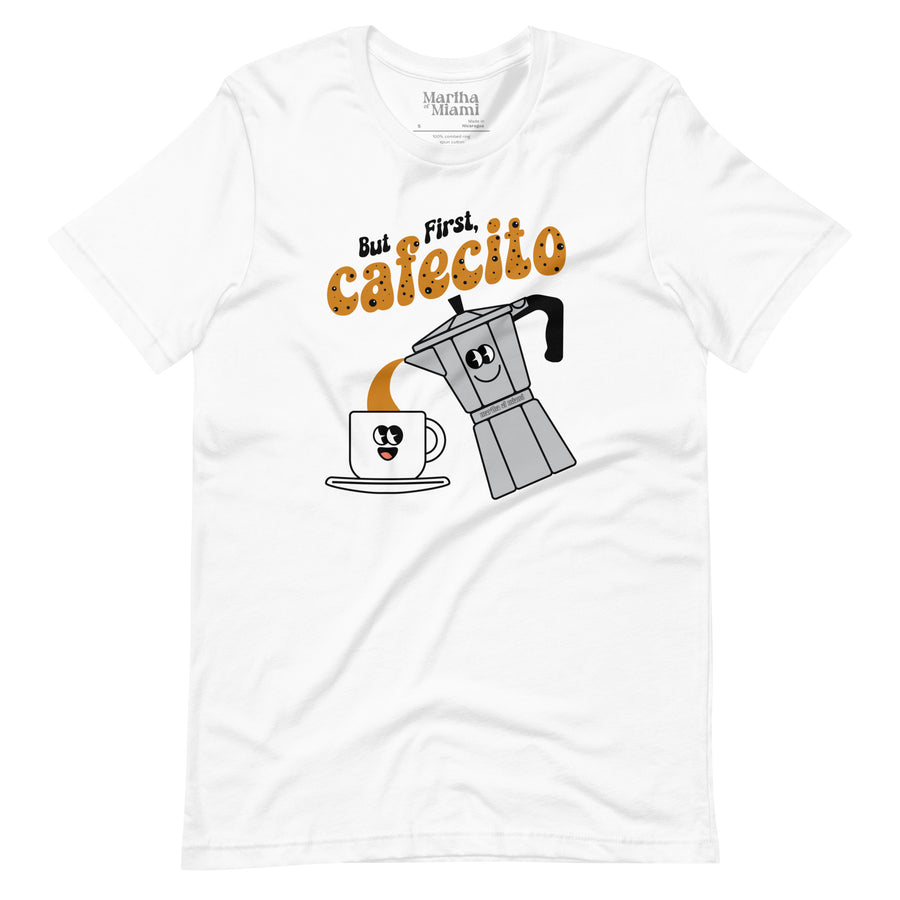 But First, Cafecito men's t-shirt with smiling moka pot pouring into cafecito cup, white t-shirt