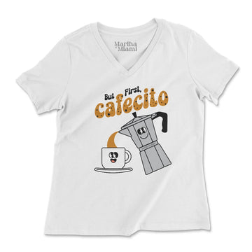 But First, Cafecito cartoon t-shirt with smiling moka pot pouring into cafecito cup