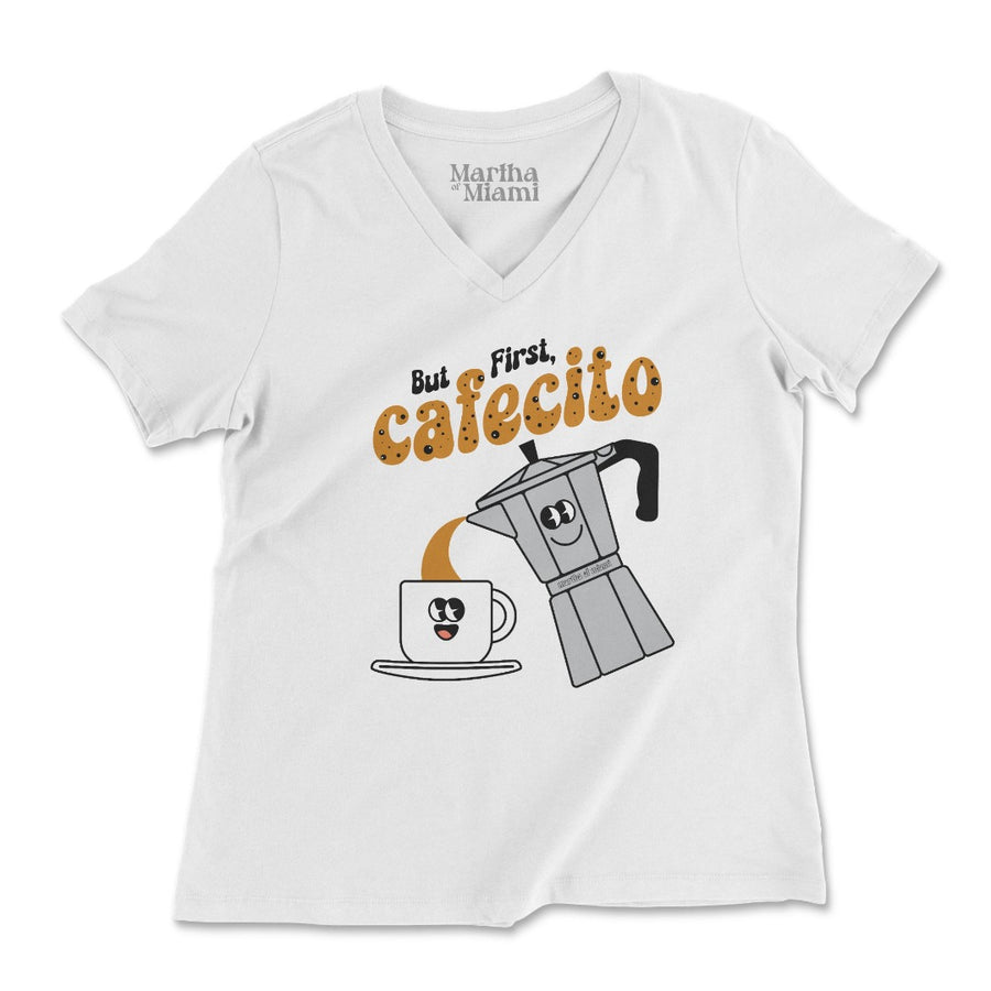 But First, Cafecito cartoon t-shirt with smiling moka pot pouring into cafecito cup