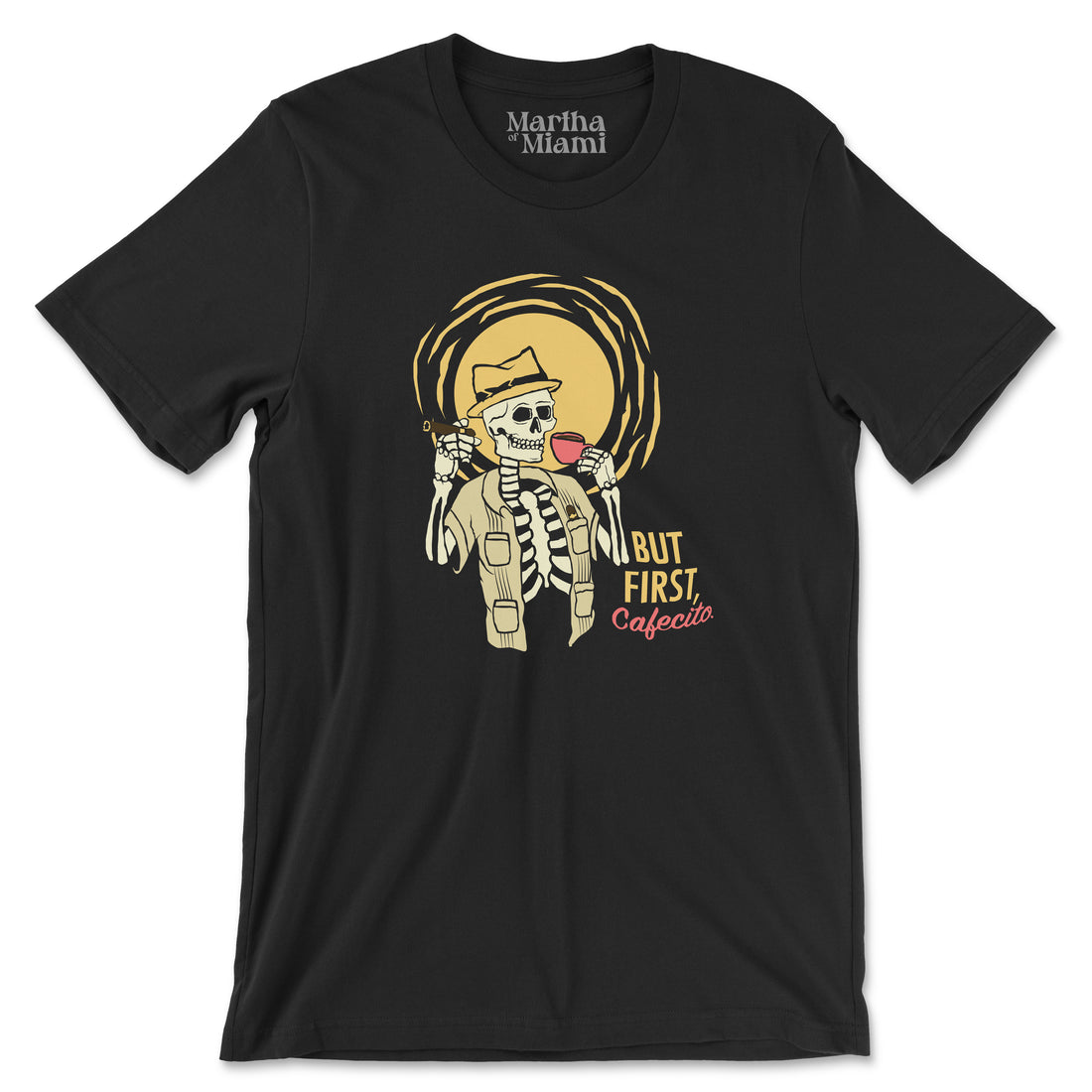 But First, Cafecito skeleton t-shirt featuring a skeleton in a guayabera with cafecito and cigar