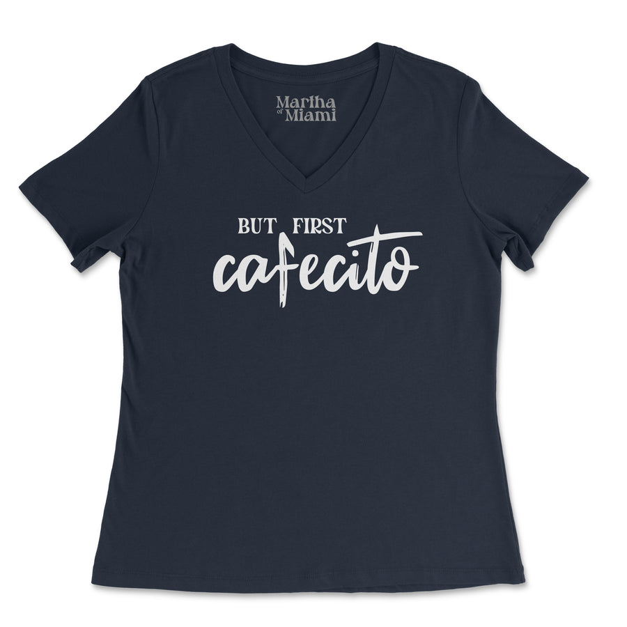 But First, Cafecito women's V-neck t-shirt for Cuban coffee lovers, navy t-shirt