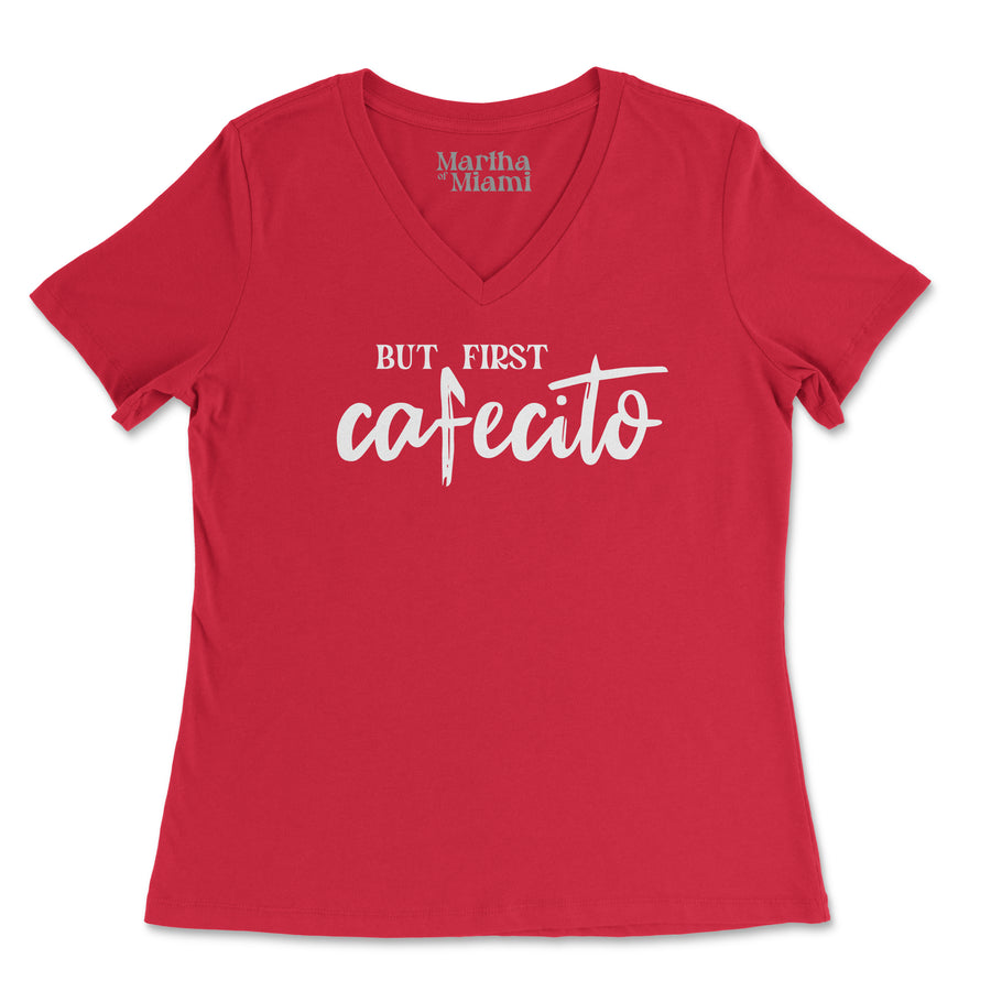 But First, Cafecito women's V-neck t-shirt for Cuban coffee lovers, red t-shirt