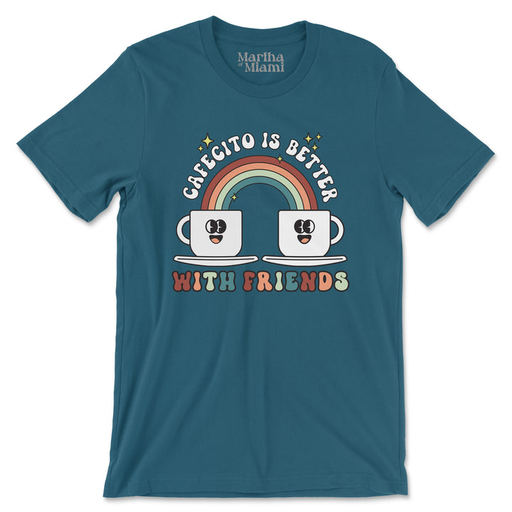 Cafecito is Better with Friends t-shirt with smiling coffee cups and rainbow