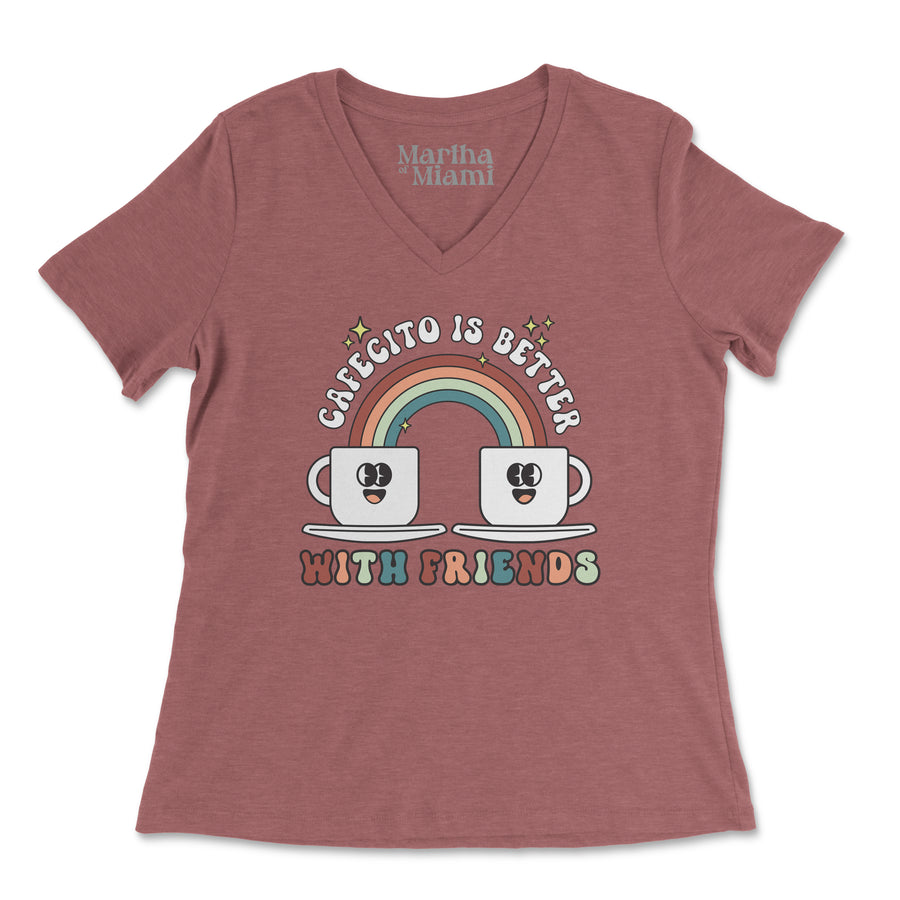 Cafecito is Better with Friends women's V-neck t-shirt with smiling coffee cups and rainbow