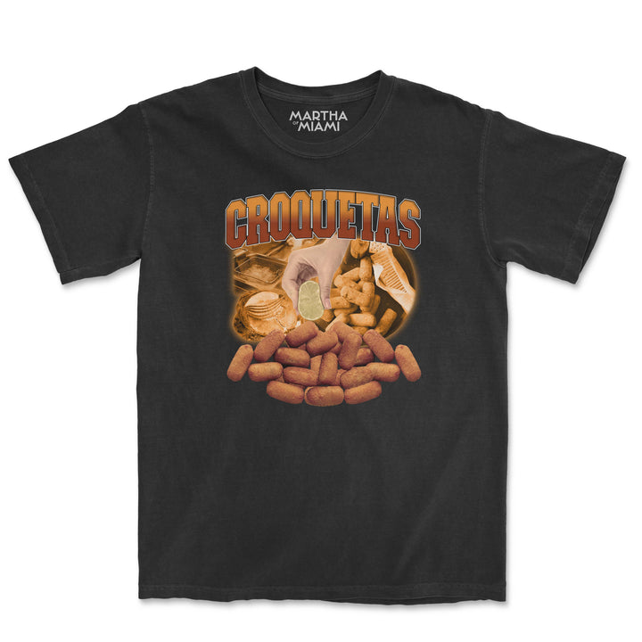 Black t-shirt with 'Croquetas' graphic design on a white background