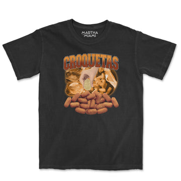 Black t-shirt with 'Croquetas' graphic design on a white background