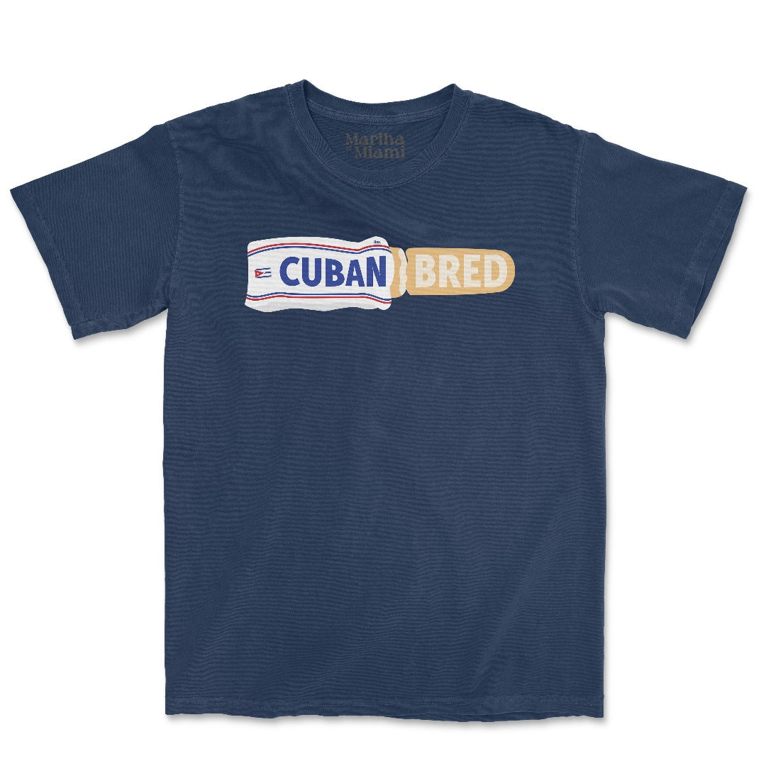 Cuban Bred t-shirt with Cuban bread packaging-inspired design, featuring a loaf of bread