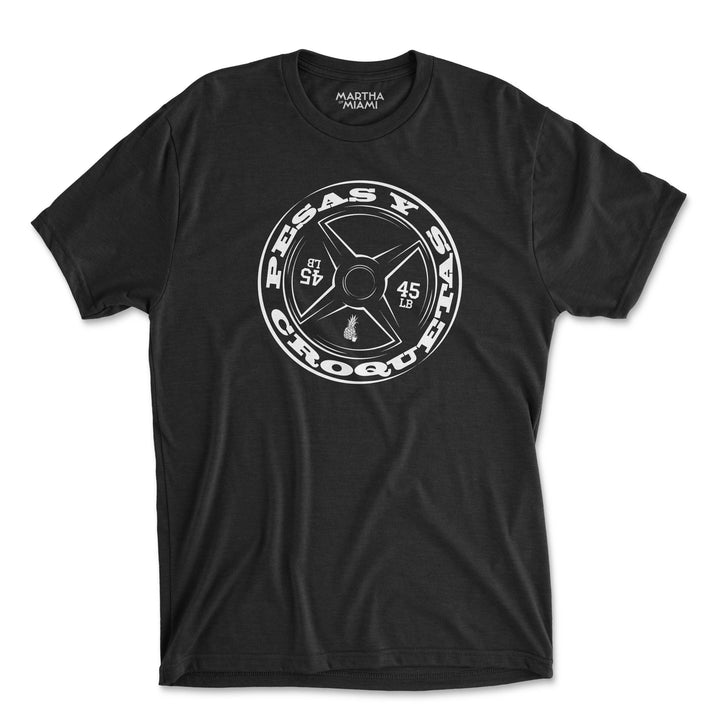 Black t-shirt with white graphic design on a white background