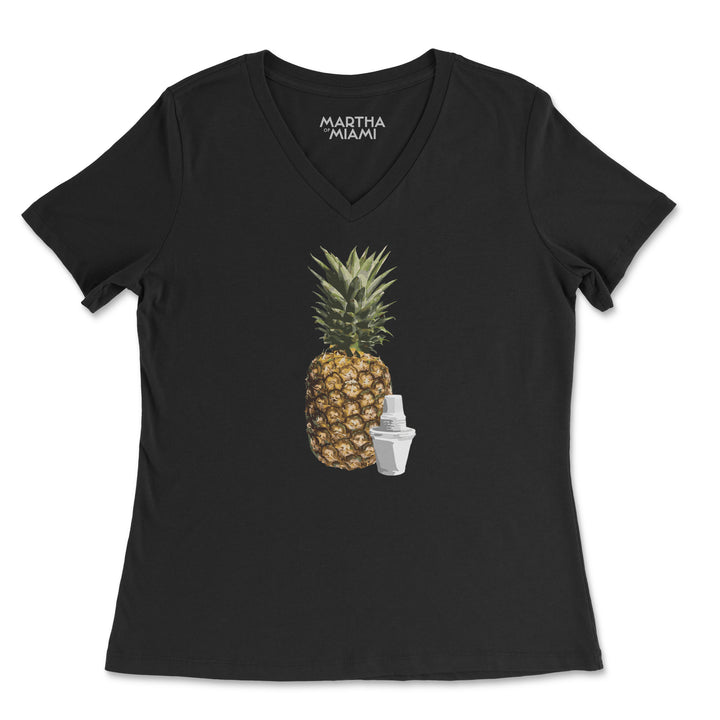 Black t-shirt with a pineapple graphic and 'Martha Miami' text on a white background