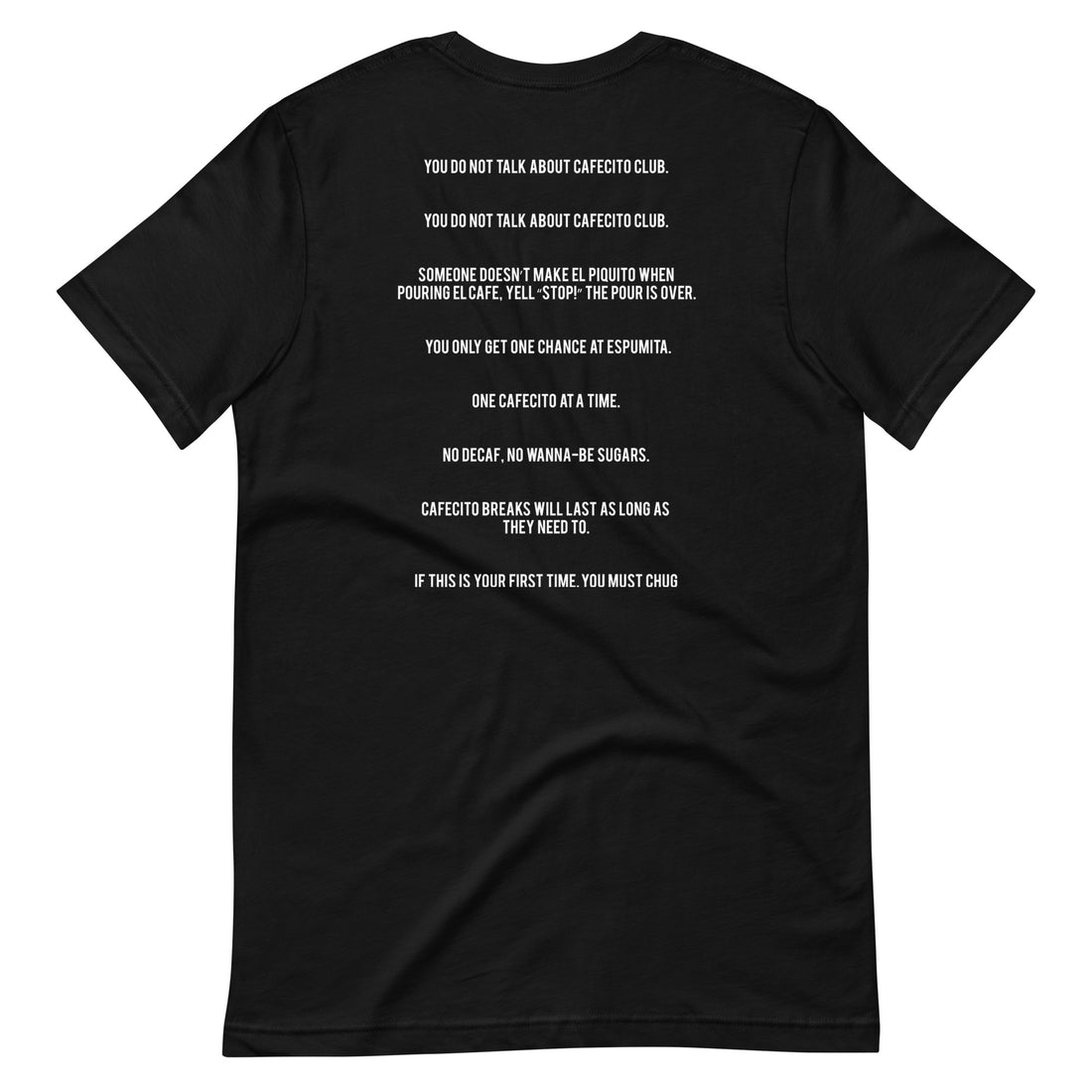 Cafecito Club unisex t-shirt with Fight Club-inspired rules on the back