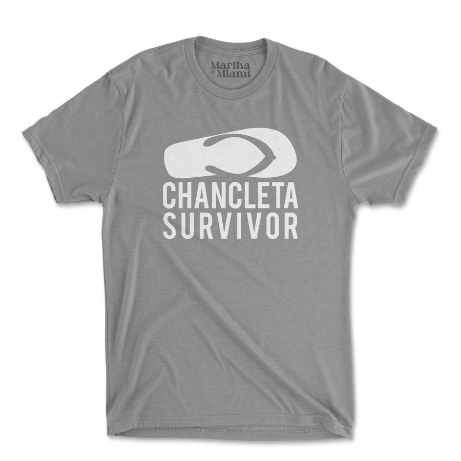 Chancleta Survivor men's t-shirt with bold chancleta graphic for Cuban humor