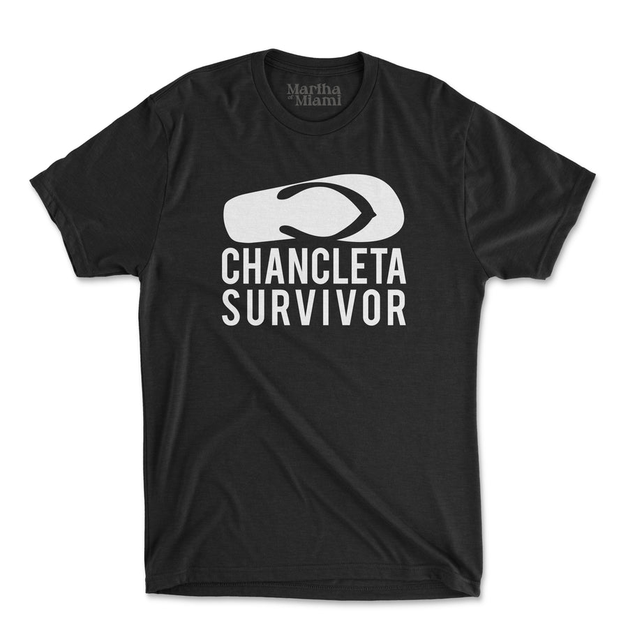 Chancleta Survivor men's t-shirt with bold chancleta graphic for Cuban humor