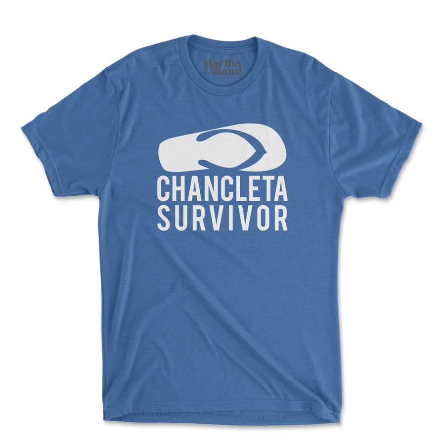 Chancleta Survivor men's t-shirt with bold chancleta graphic for Cuban humor