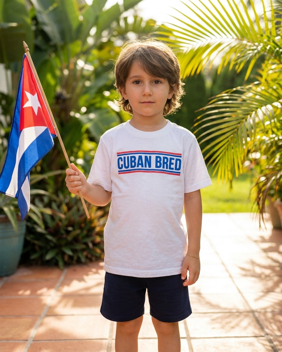 A young boy stands outdoors on a tiled patio holding a Cuban flag, wearing a white short-sleeve t-shirt with &