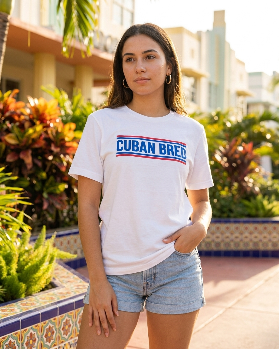 A woman wearing a white graphic t-shirt with &