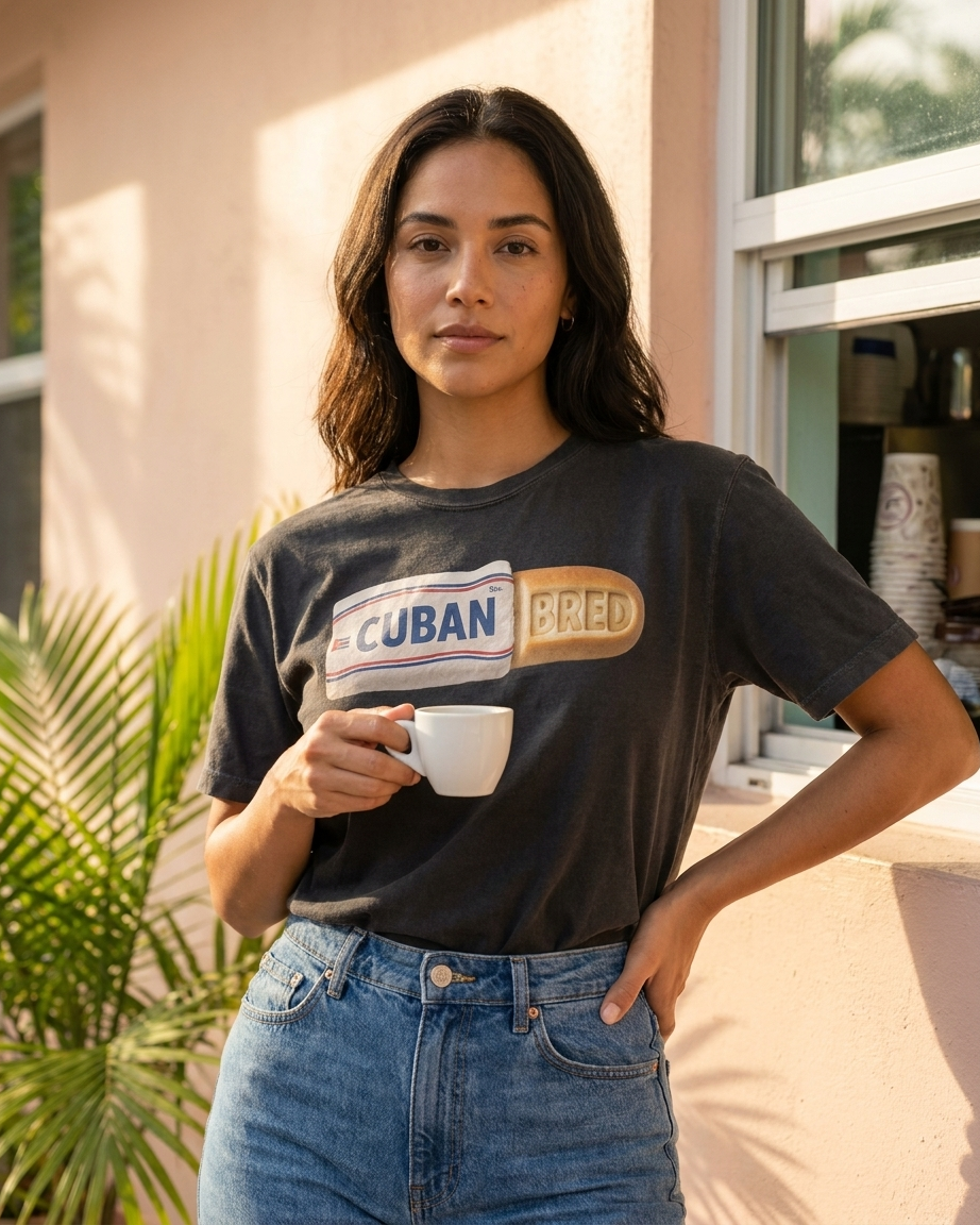 A woman wearing a black graphic t-shirt with a &