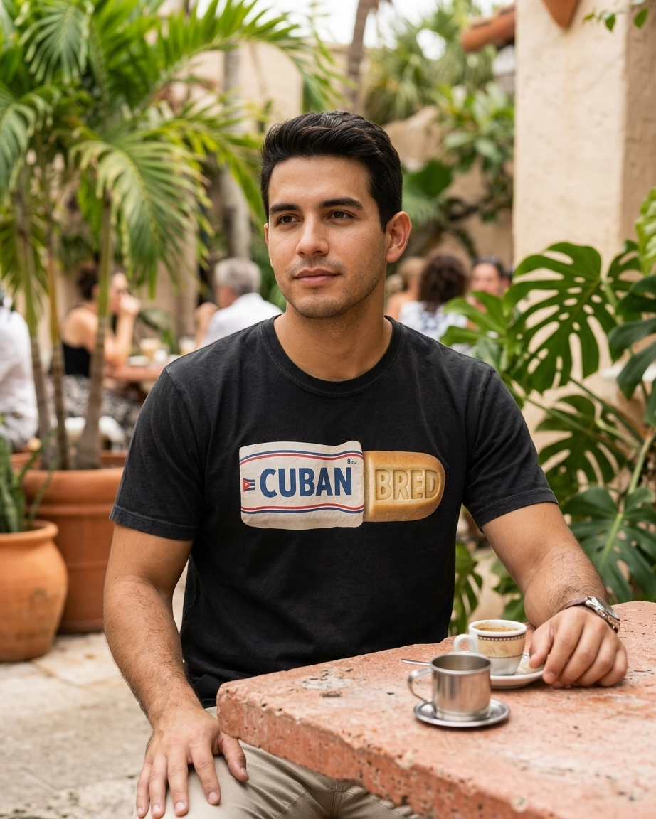 A man sitting at a stone table in a tropical patio setting, wearing a black t-shirt with a &