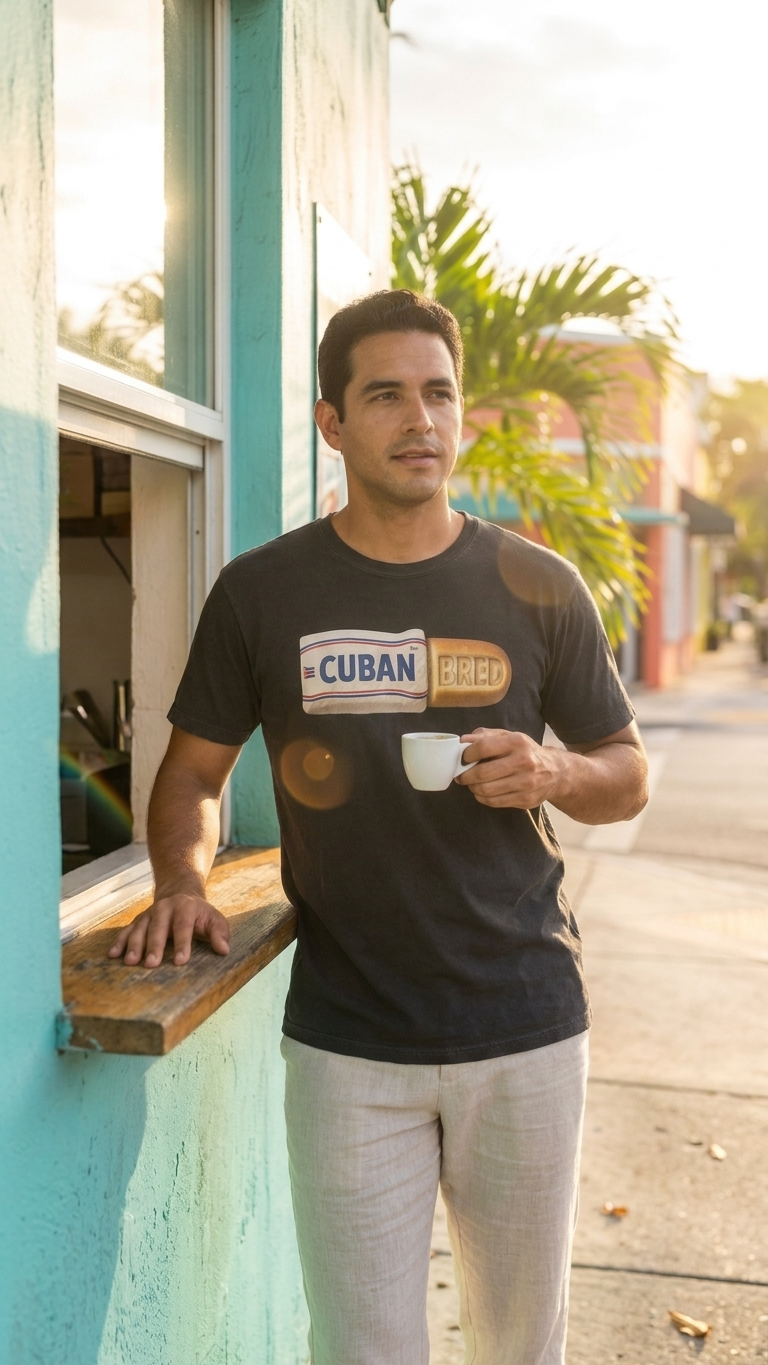 A man wearing a black graphic t-shirt with a &