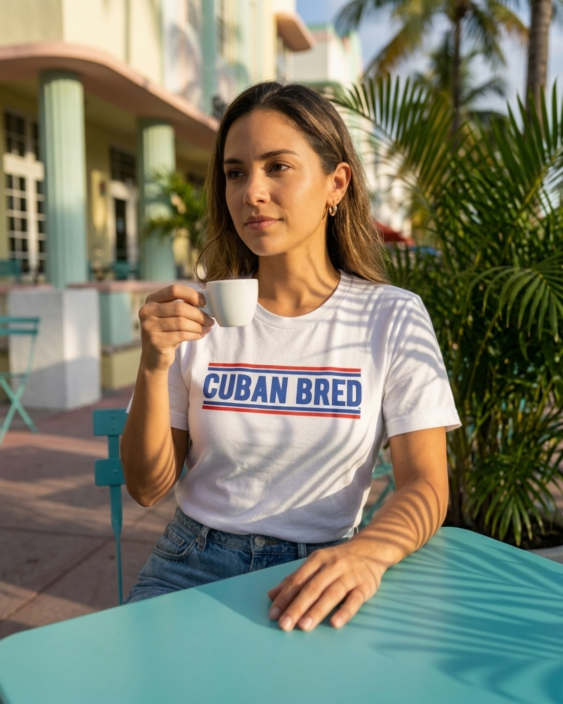 Cuban Bred™ t-shirt styled on Miami Beach, female model – Cuban American graphic tee, Miami gift by Martha of Miami