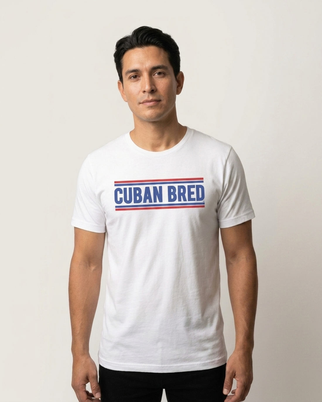 Cuban Bred™ t-shirt on male model – Cuban American graphic tee, Miami gift by Martha of Miami