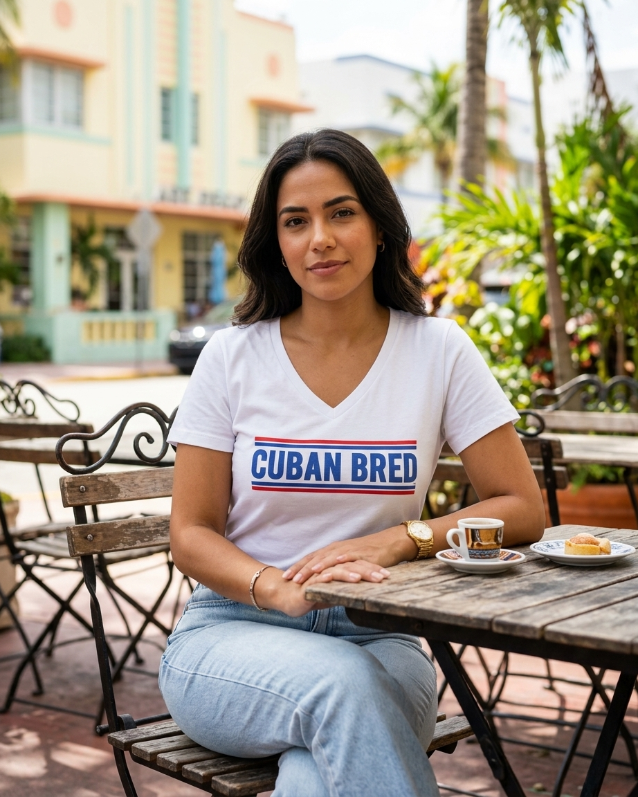 A woman sitting at an outdoor cafe table wearing a white v-neck t-shirt with &