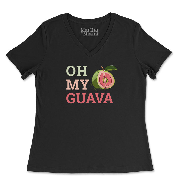 Black Bella Canvas 6405 women's v-neck t-shirt with a vibrant 'Oh My Guava' graphic featuring a sliced pink guava, designed by Martha of Miami