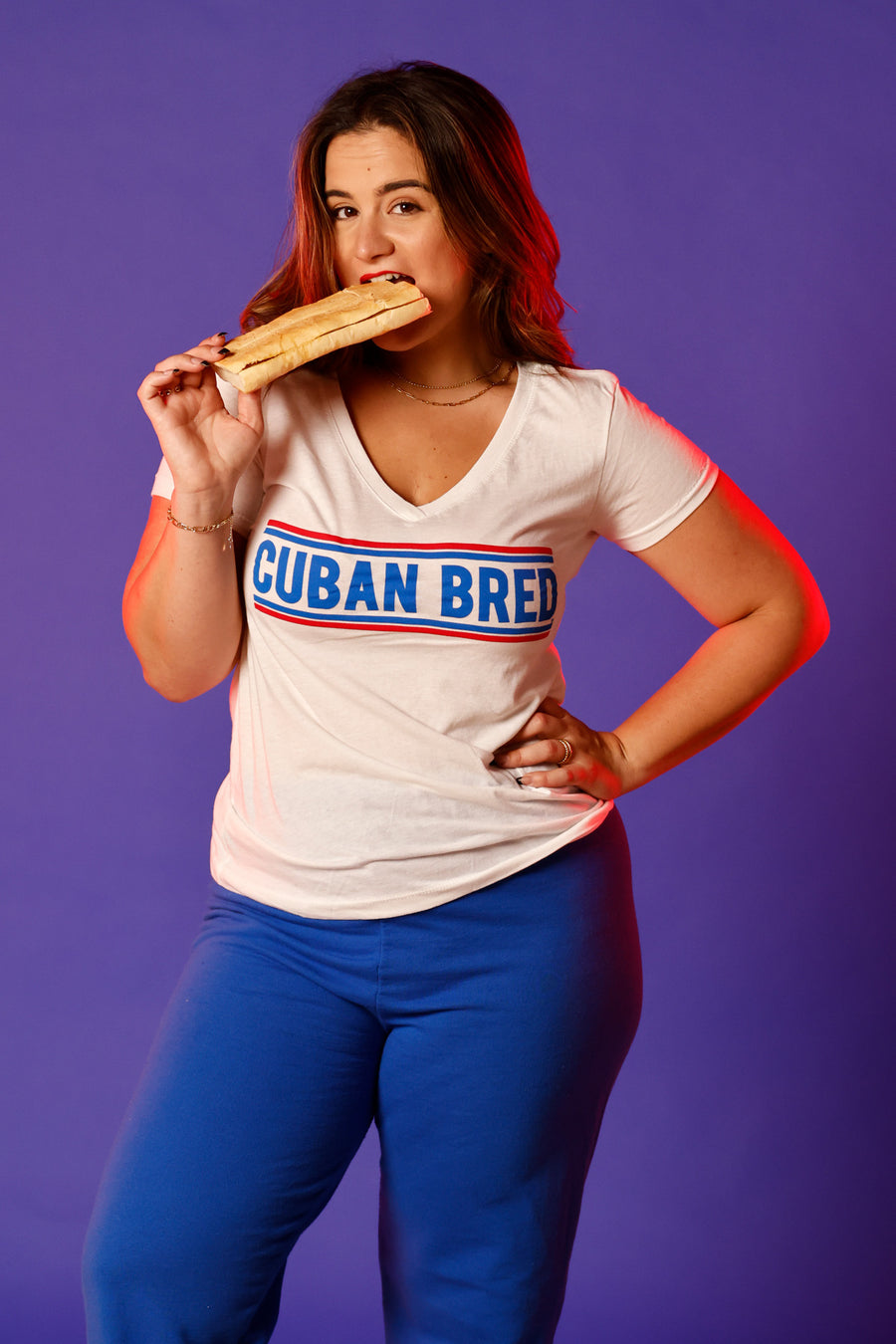 Cuban Bred women's V-neck t-shirt with bold classic text design for Cuban pride