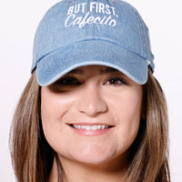 Martha of Miami Wearing But First Cafecito denim hat