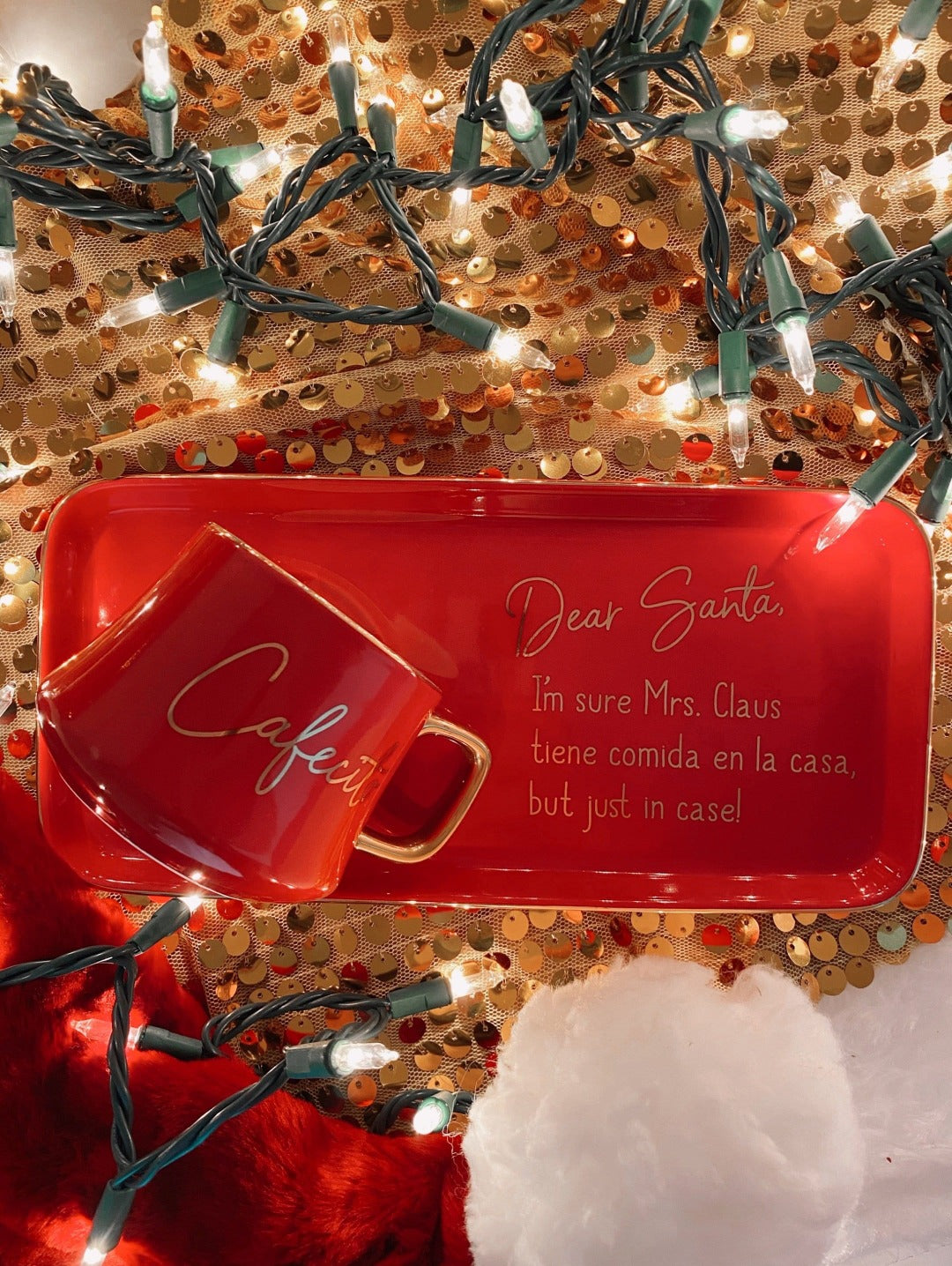 an image of a red coffee mug and a red dish plate that says dear santa, I&